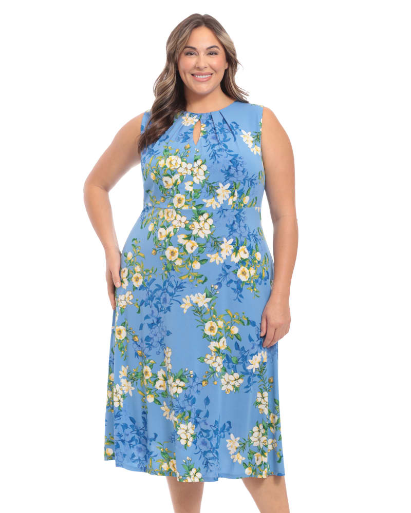 Front of a model wearing a size 14W Jasmine Sleeveless Floral Midi Dress in Blue by London Times. | dia_product_style_image_id:268550
